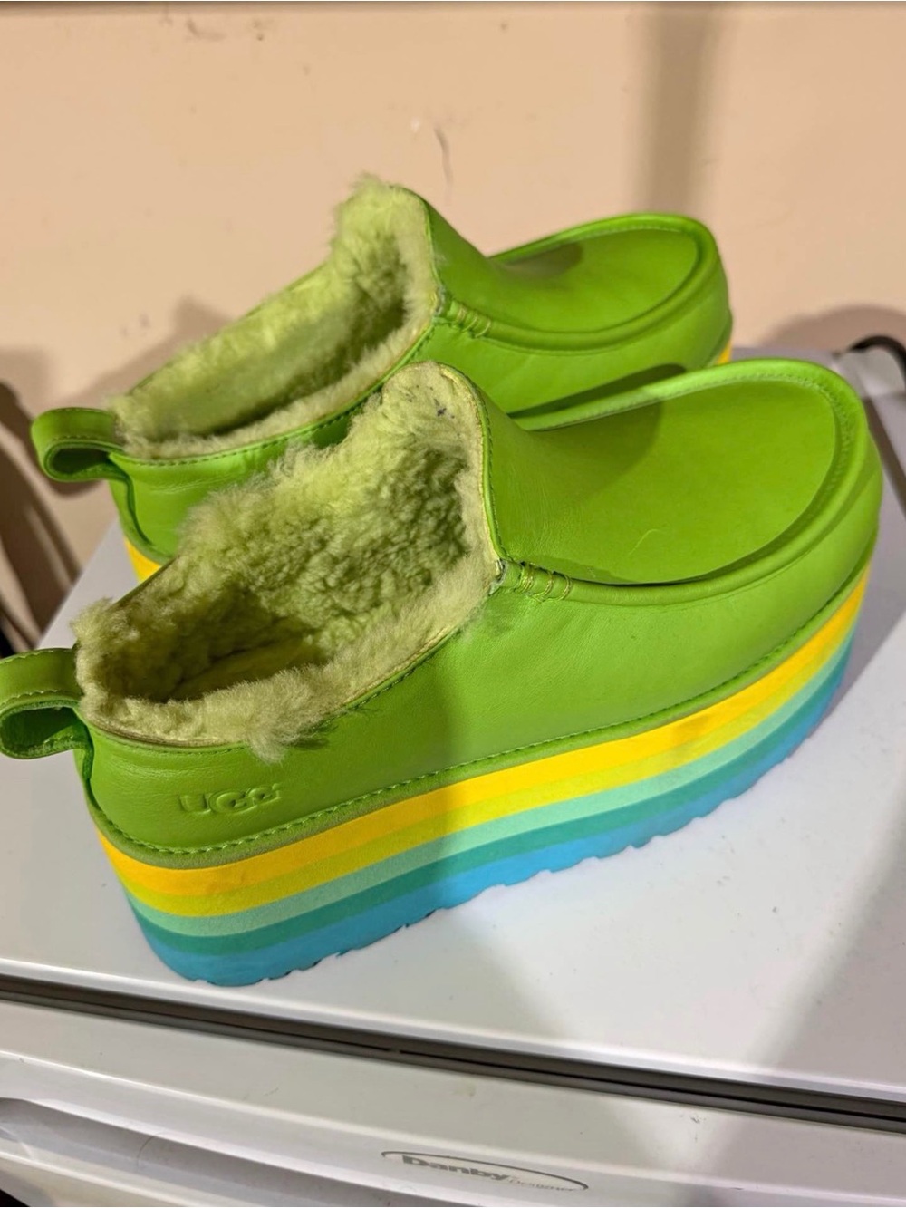UGG Kids Neon Green Shearling Clog with Rainbow Platform Sole